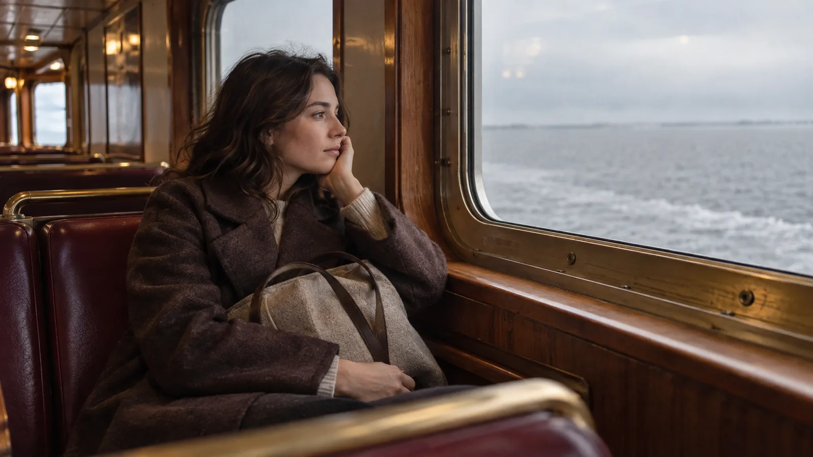 A woman in a wool coat sits by a ferry cabin window with a tote on her lap, resting her cheek on her hand.