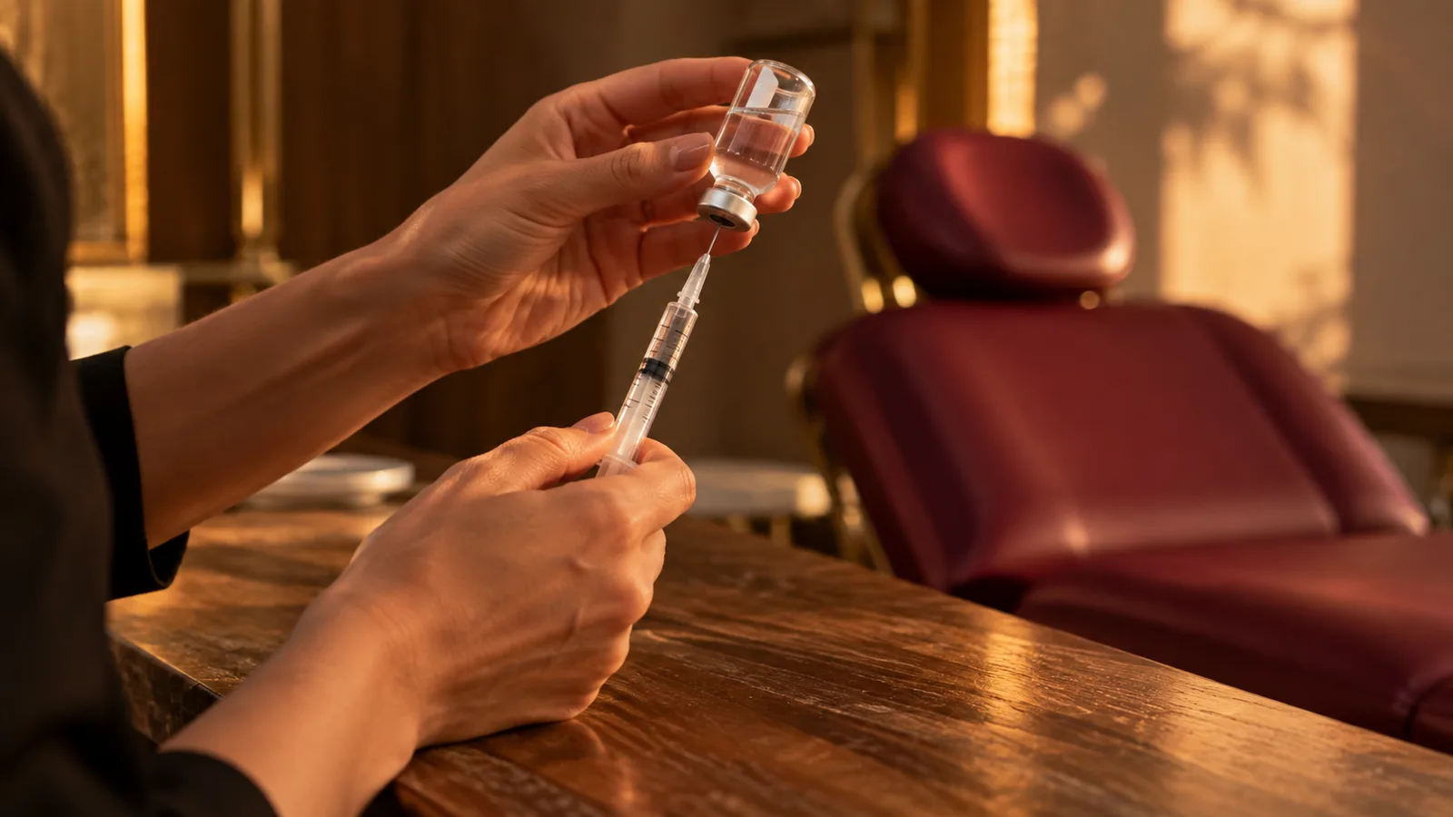 Hands draw clear liquid from a small glass vial into a syringe beside an empty burgundy treatment chair.