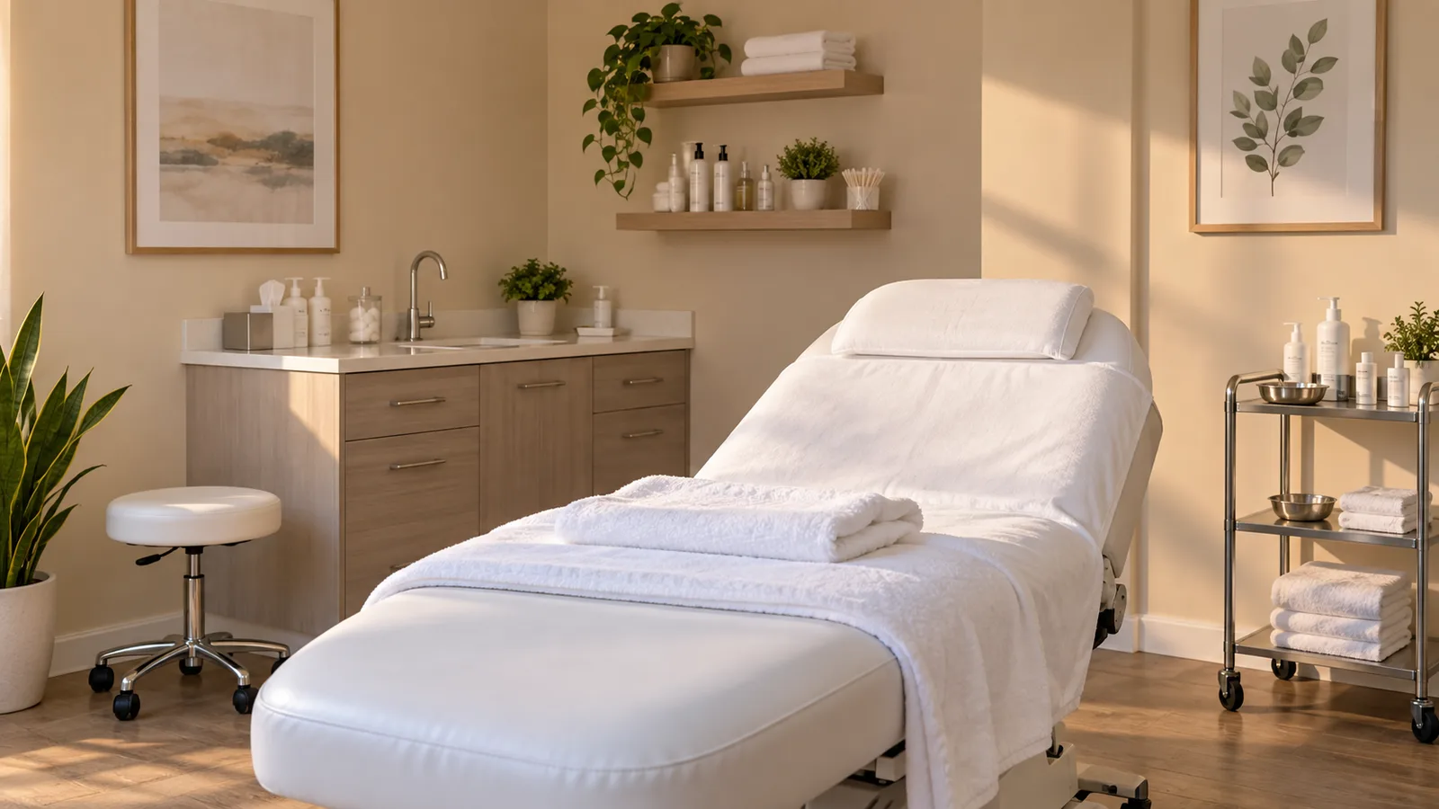 Reclined treatment bed with folded white towels, a rolling stool, a sink cabinet and a steel cart of supplies.