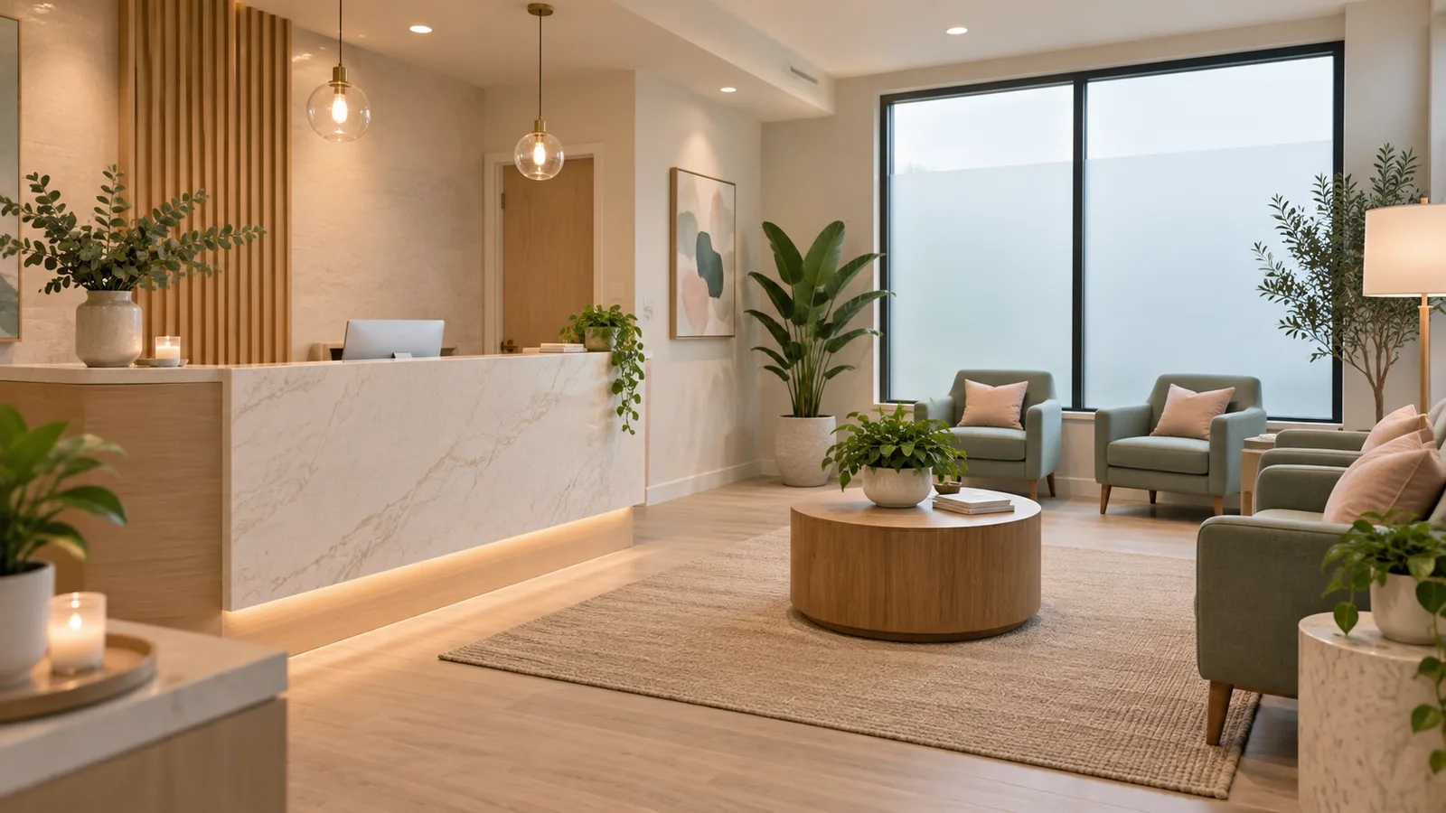 Waiting area with a marble reception desk, glass pendant lights, sage armchairs with pink cushions and a round wood table.