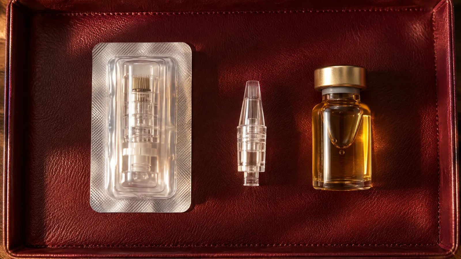 A sealed needle cartridge, a clear pen tip and a small vial of amber serum laid out on a burgundy leather tray.
