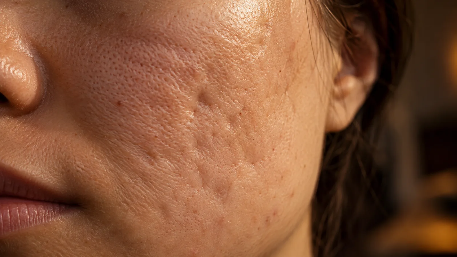 Close-up of a cheek with shallow rolling acne scars and visible pores under warm side light.