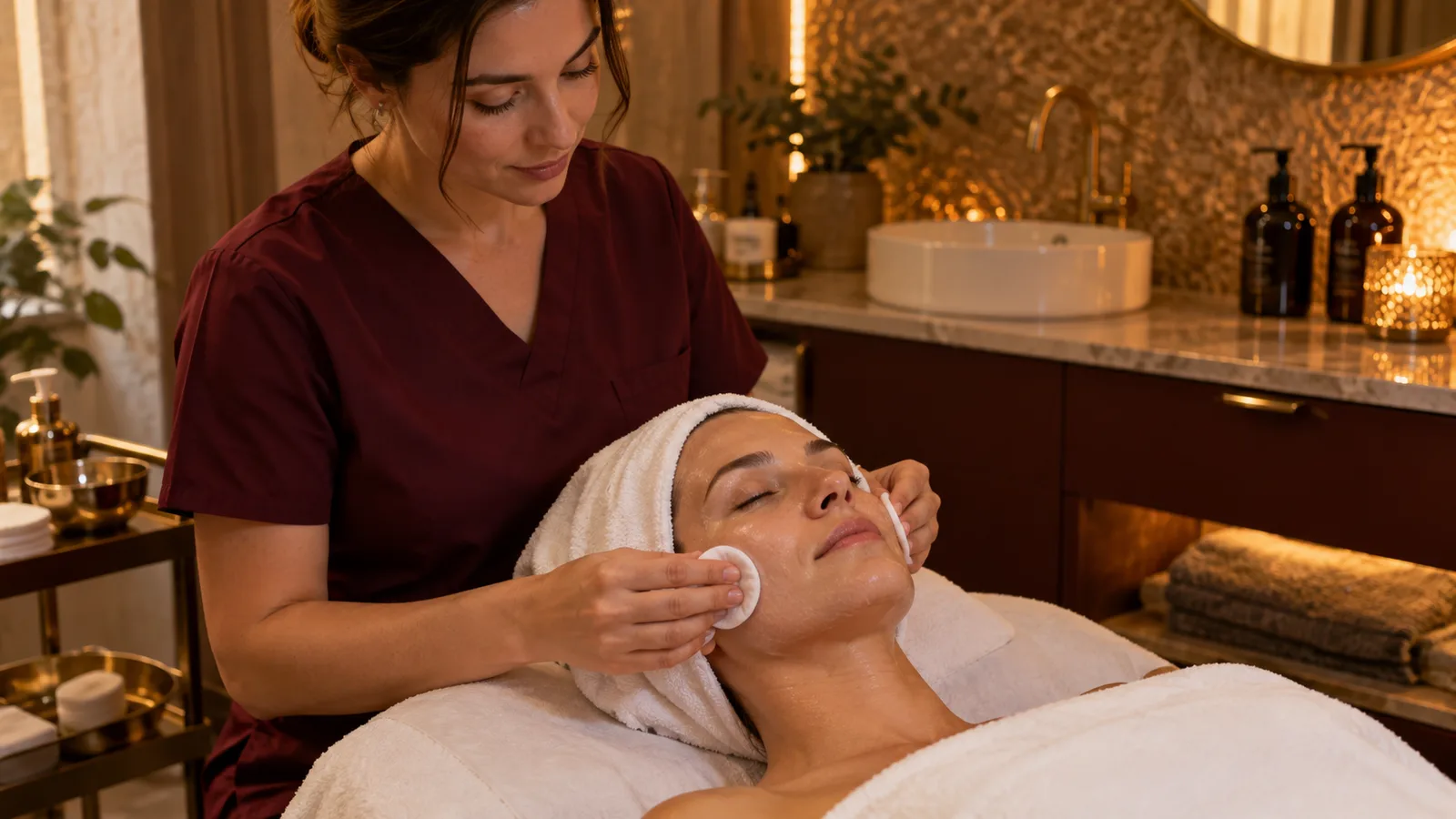 A practitioner in burgundy scrubs wipes a reclining client's face with a cotton pad before treatment.