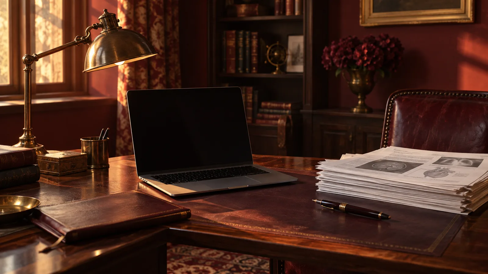 A dark wood desk in a burgundy study with a closed-screen laptop, a stack of printed papers, a pen and a brass lamp.