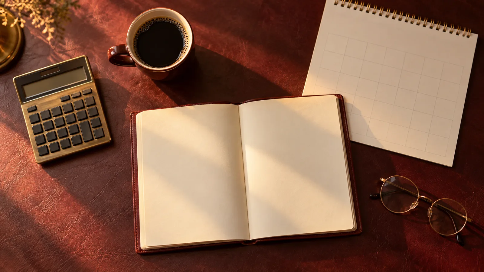 Overhead view of an open blank notebook, brass calculator, black coffee, round glasses and a grid calendar on a leather desk.